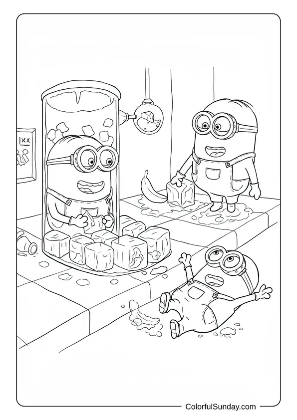 Minions experimenting with ice cubes and frozen bananas in a hilarious freeze ray coloring page.