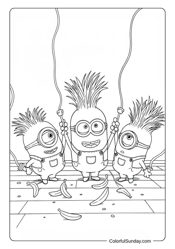 Three Minions with spiky hair holding cables after getting shocked in a funny Minions coloring page.