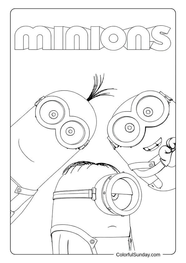 Three Minions smiling and posing under the word “Minions” in a fun movie-themed coloring page.