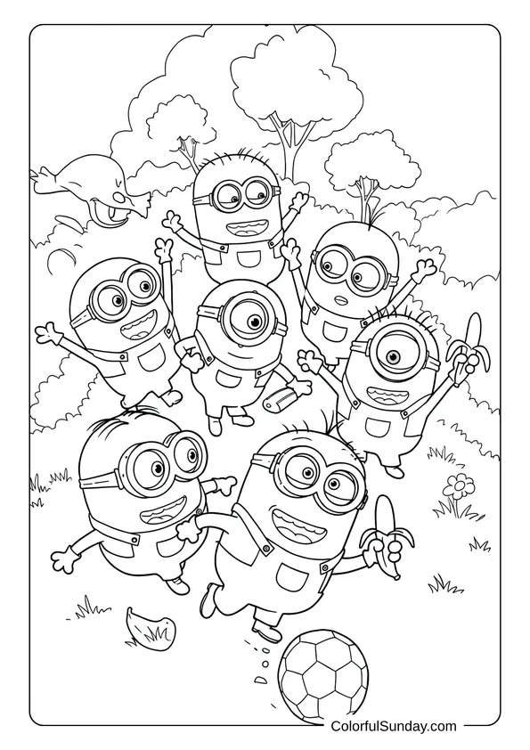 Six laughing Minions running and playing soccer in the park on a sunny day coloring page.