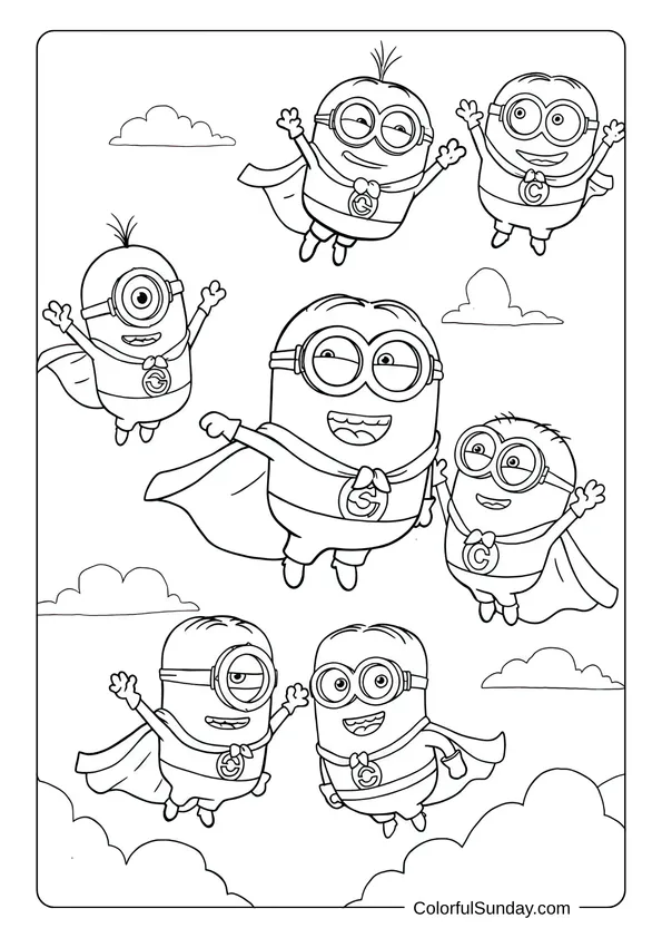 Superhero Minions flying through the sky with capes and big smiles in a cheerful coloring page.