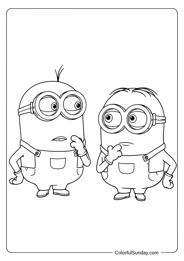 Two Minions standing and thinking deeply with puzzled faces in a funny Minions-themed coloring page.