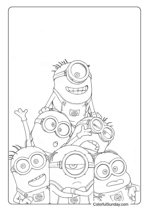 A group of five Minions climbing on each other, making a playful tower in this cheerful Minions coloring page.