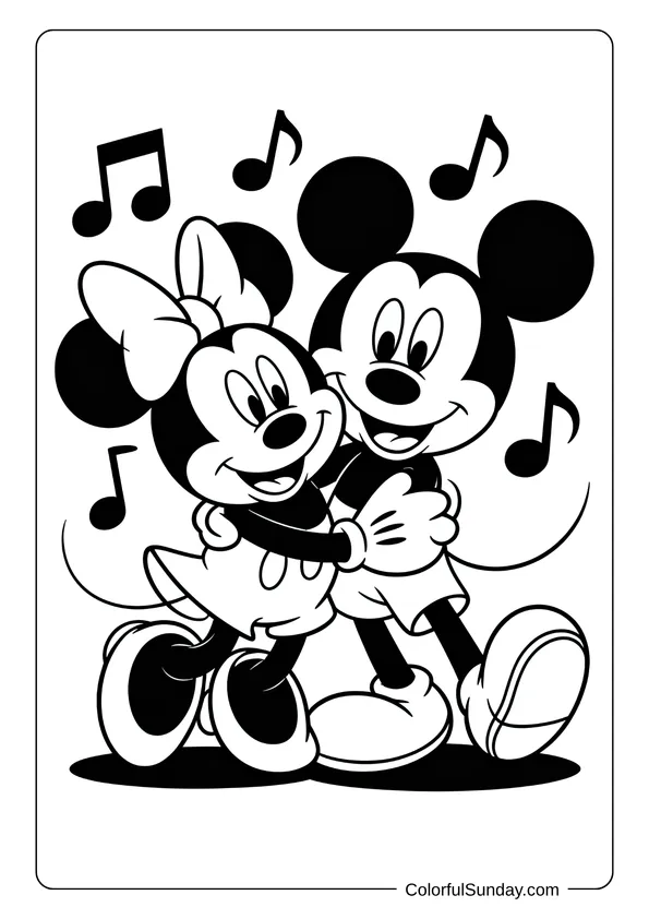 Pikachu From Pokemon Coloring Page Minnie and Mickey Mouse dancing together with music notes floating around them in this coloring page.