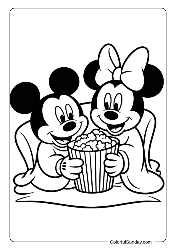 Pikachu From Pokemon Coloring Page Minnie and Mickey Mouse snuggle under a blanket while sharing popcorn during a cozy movie night in this coloring page.