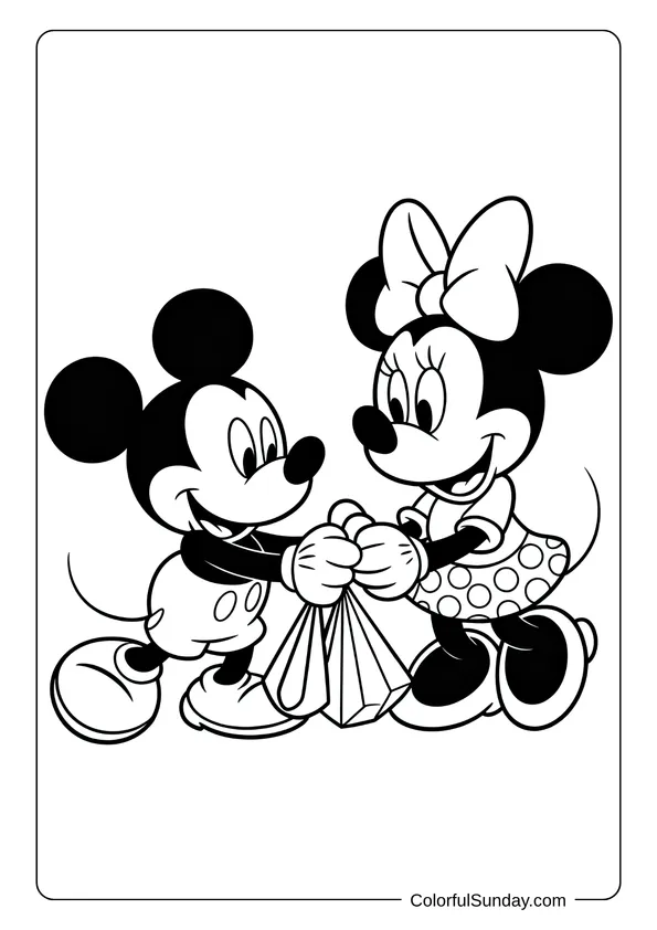 Pokemon Badges And Logo Coloring Page Minnie and Mickey Mouse carry a shopping bag together with big smiles in this coloring page.