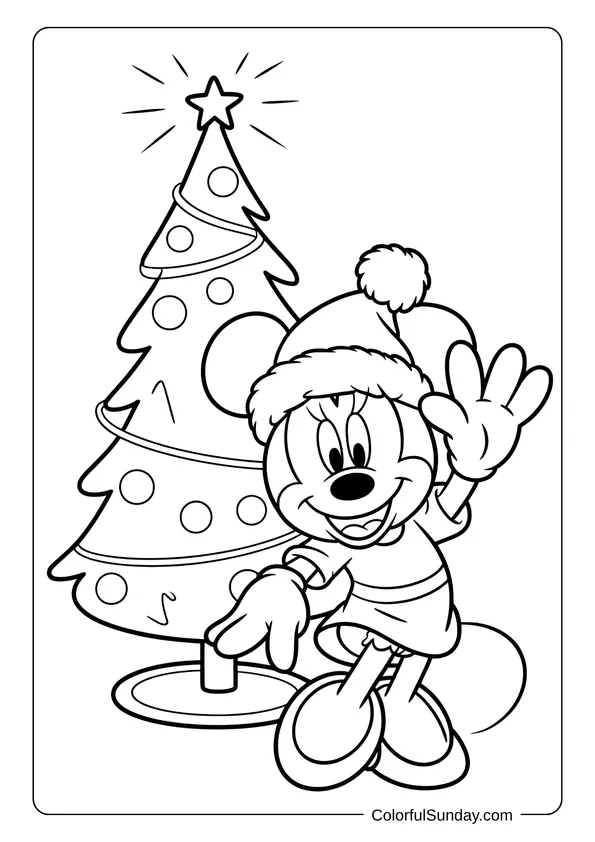Minnie Mouse dressed in a Santa outfit waving beside a decorated Christmas tree in this festive coloring page.