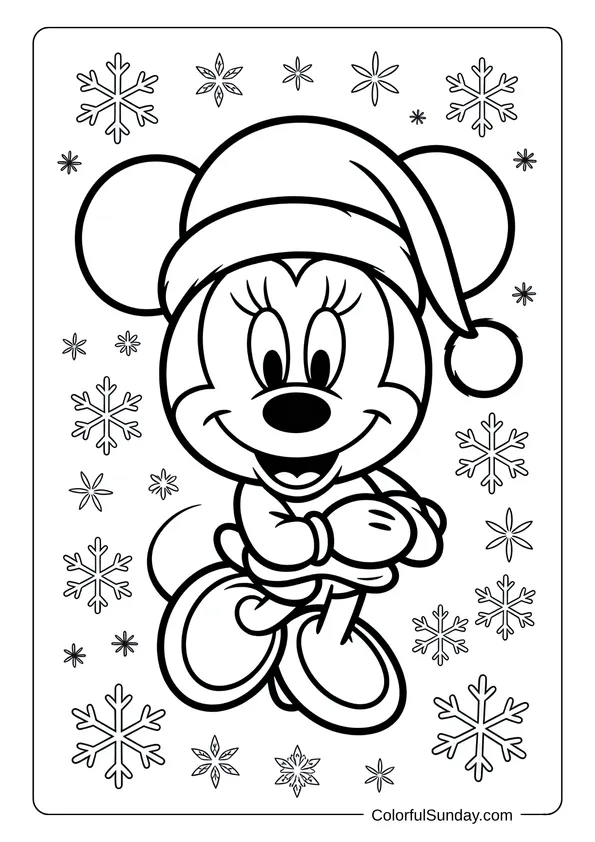 Minnie Mouse wearing a Santa hat surrounded by snowflakes in a cheerful winter coloring page.