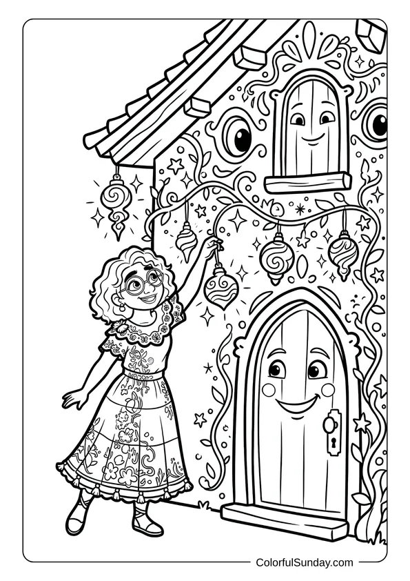 A Disney Christmas coloring page showing Mirabel Madrigal decorating the magical Casita with hanging ornaments and lights.