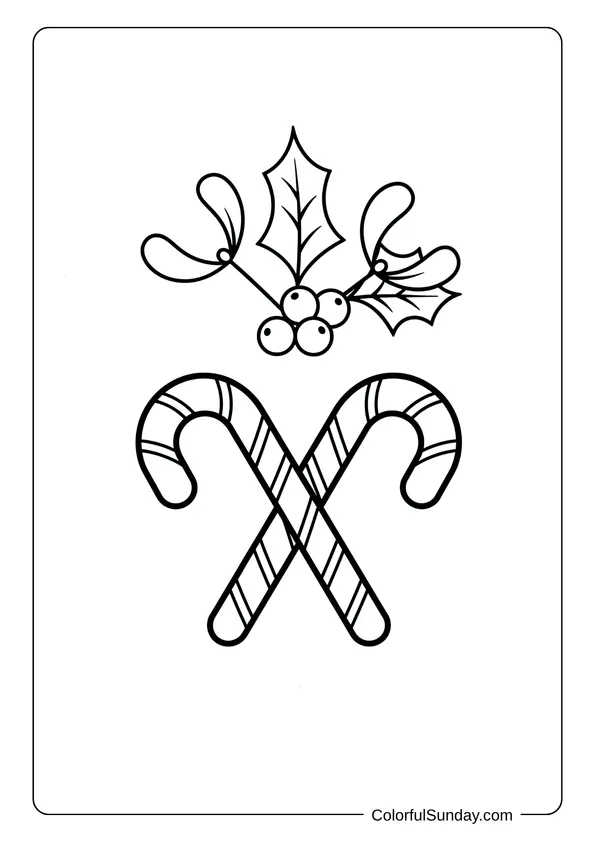 A coloring page of mistletoe with candy canes for kids.