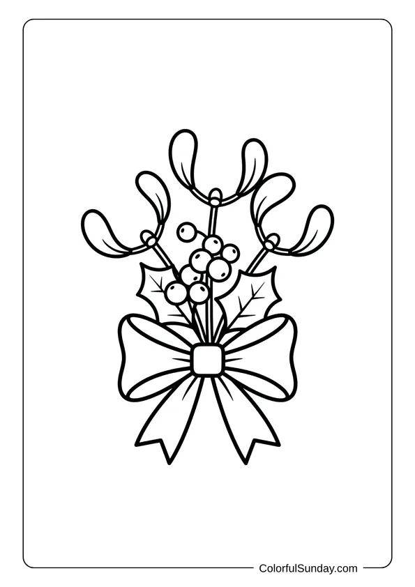 A coloring page of a mistletoe bunch with ribbon bow.