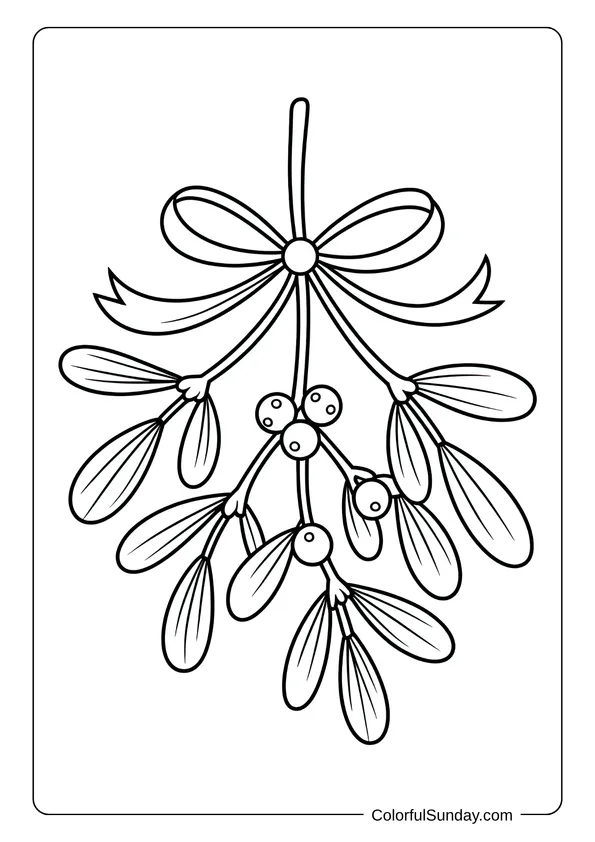 Mistletoe tied with a bow and full of berries displayed in a simple Christmas coloring page.