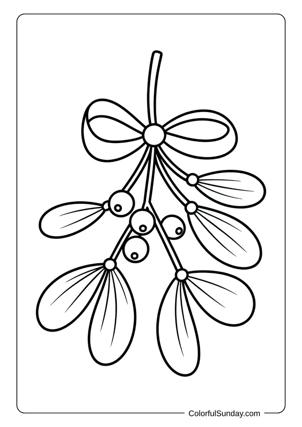 A bunch of mistletoe tied with a decorative bow, displayed as a festive Christmas coloring page.