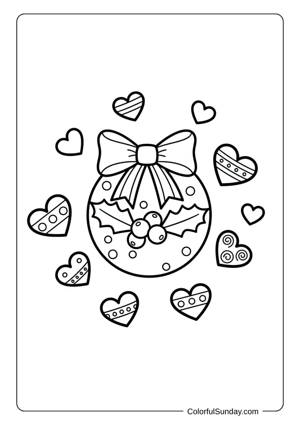 A coloring page of mistletoe with hearts and ribbon bow.