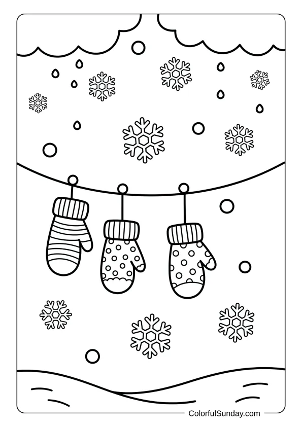 Mittens coloring page showing mittens on a clothesline with snowflakes around them.