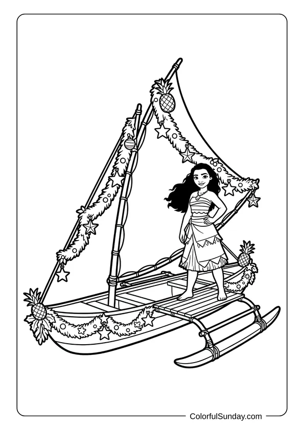 Moana sailing with decorated boat and tropical ornaments for island adventure in this Disney Christmas coloring page.