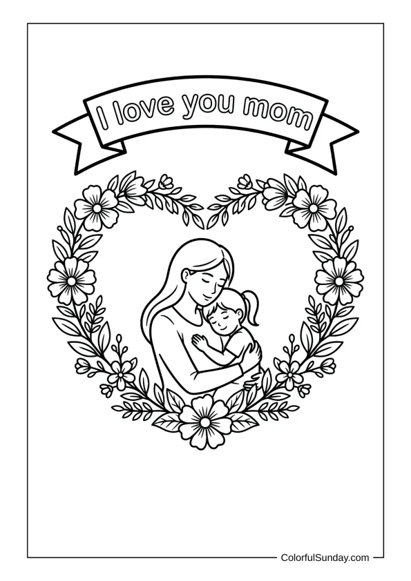 Mom hugging child inside a floral heart wreath with a banner saying I love you mom in a coloring page.