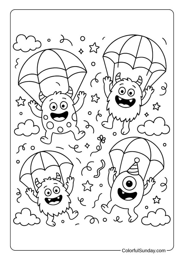 A group of silly monsters with parachutes float through confetti and stars in this party-themed coloring page.