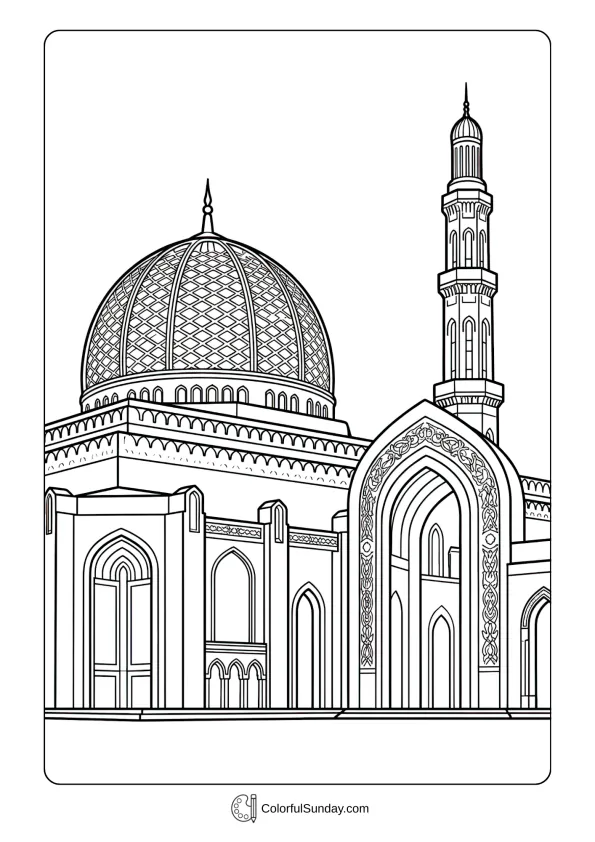 Grand mosque with detailed dome and minaret for Ramadan coloring page