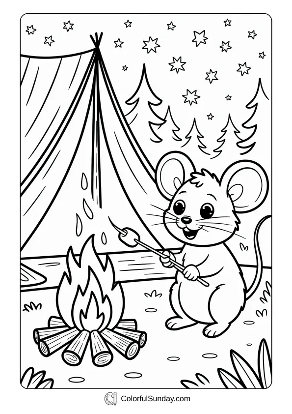 Pokemon Badges And Logo Coloring Page By a campfire, a mouse roasts marshmallows near a tent under the stars in this coloring page.