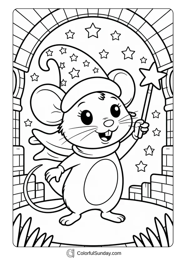 Pokemon Badges And Logo Coloring Page A magical coloring page with a cute mouse dressed as a wizard holding a wand among stars.