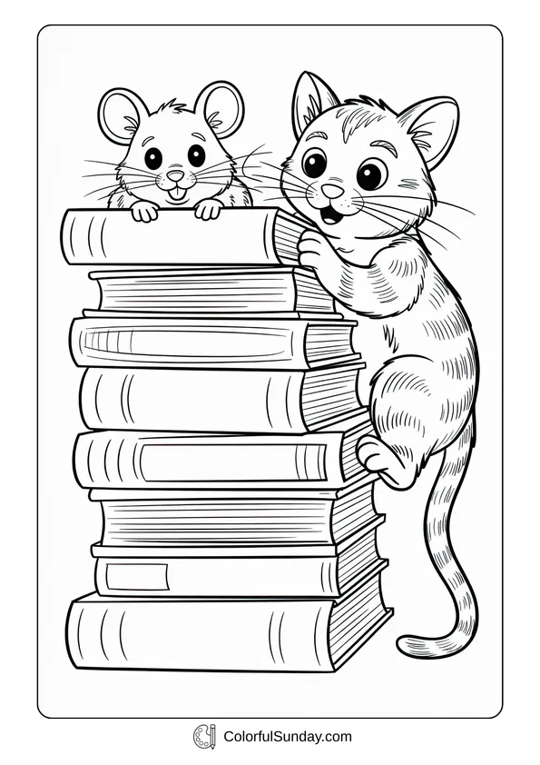 Pokemon Badges And Logo Coloring Page In a library, a cute mouse hides on books while a curious cat climbs up in this coloring page.