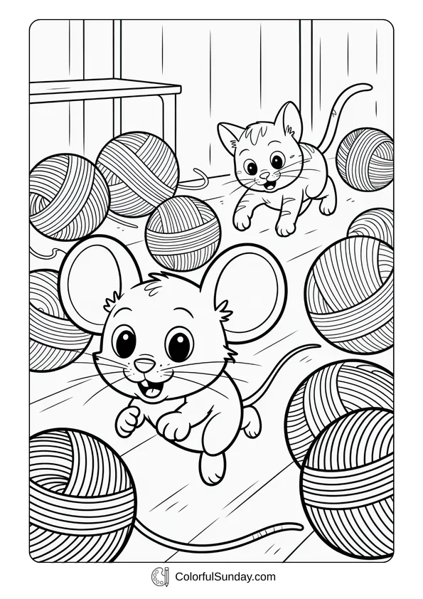Pikachu From Pokemon Coloring Page A playful mouse runs away from a cat through balls of yarn in this fun coloring page.