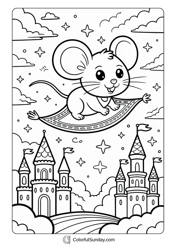 Pokemon Badges And Logo Coloring Page Coloring page of a cute mouse flying high on a magic carpet above a castle and clouds.