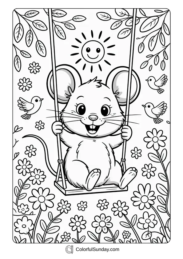 Pikachu From Pokemon Coloring Page Coloring page of a mouse smiling while swinging outdoors surrounded by flowers and birds.