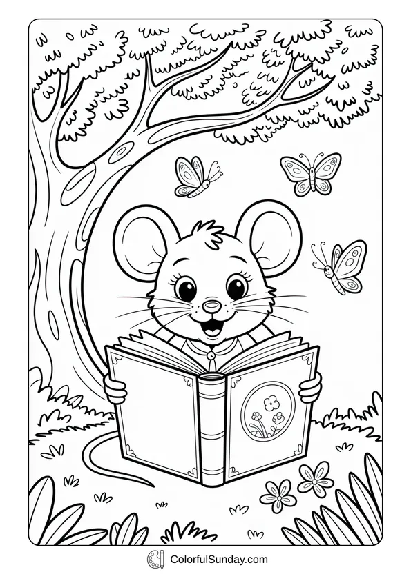 Pokemon Badges And Logo Coloring Page In a forest scene, a cute mouse reads a big book while butterflies fly around in a coloring page.