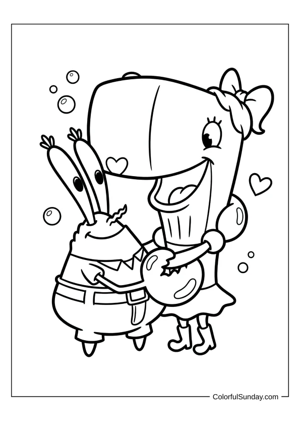 Mr. Krabs hugging his daughter Pearl with love in a heartwarming coloring page