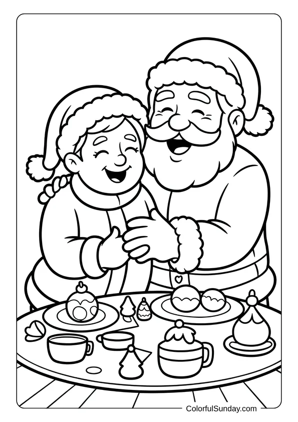 Santa shares a happy moment with Mrs Santa over a table of treats, captured in this heartwarming coloring page.