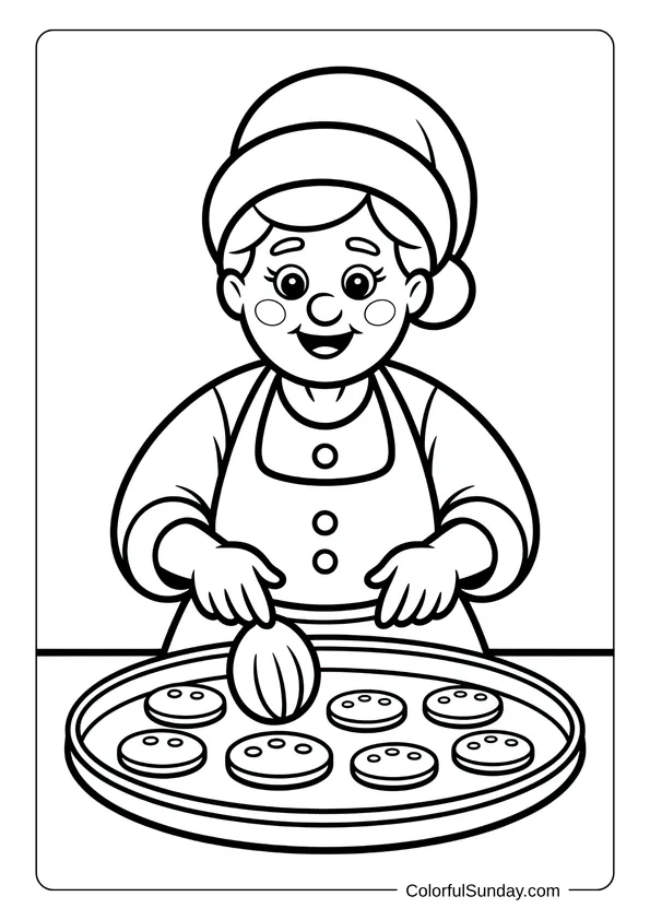 Mrs. Claus baking cookies, shown in a warm holiday coloring page.