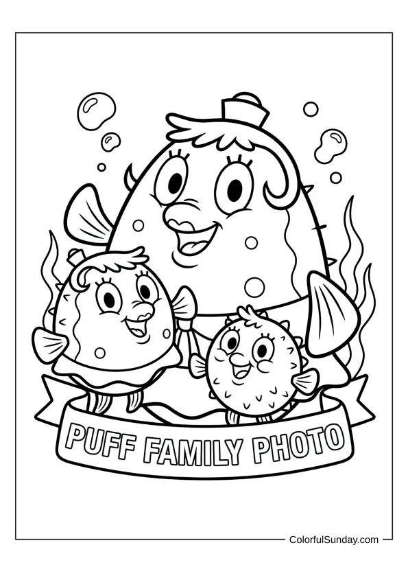Mrs. Puff family posing together in a SpongeBob family coloring page