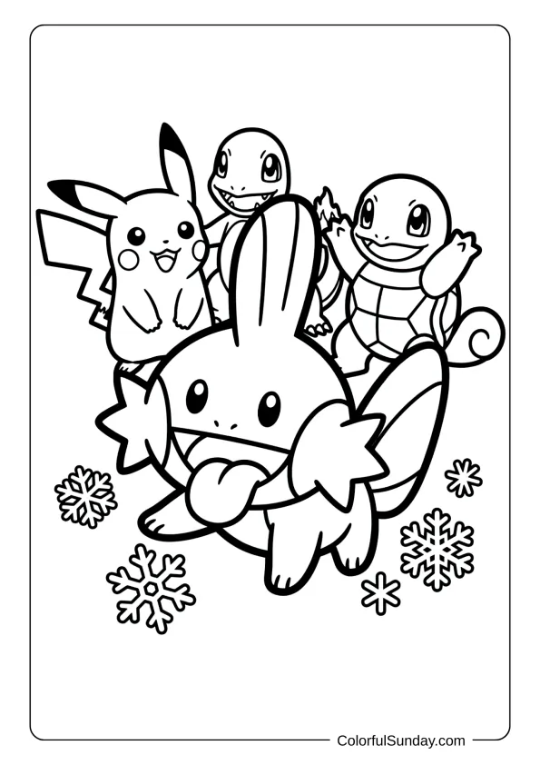 A coloring page of Mudkip catching unique snowflakes on its tongue with Christmas Pokémon friends watching excitedly.