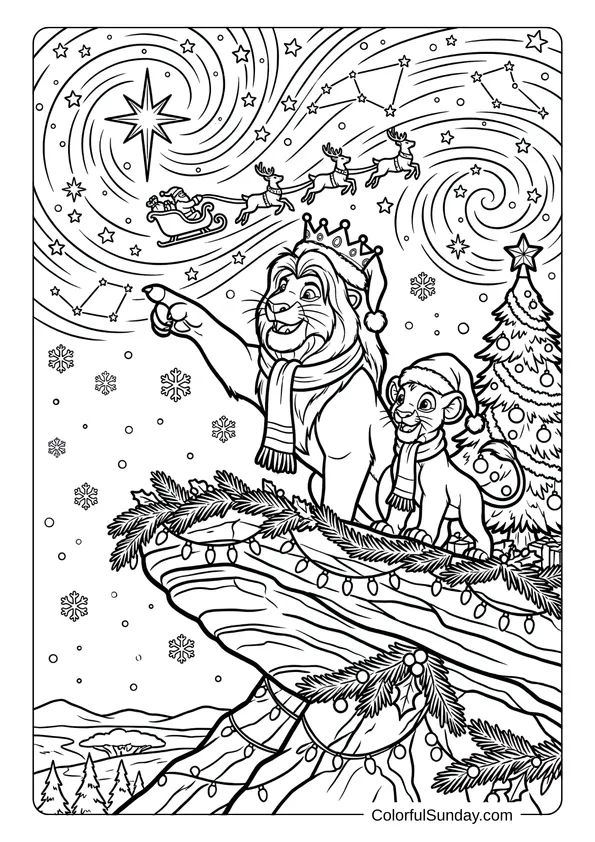 Simba and friends sit on Pride Rock under a bright star during Disney Christmas in a Lion King coloring page