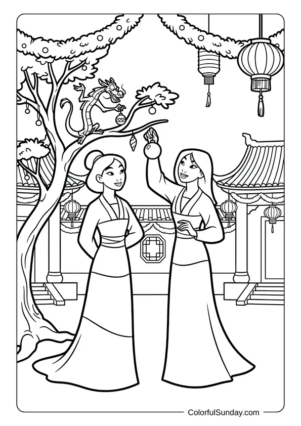 Mulan hanging ornaments with Mushu during festive temple celebration in this Disney Christmas coloring page.