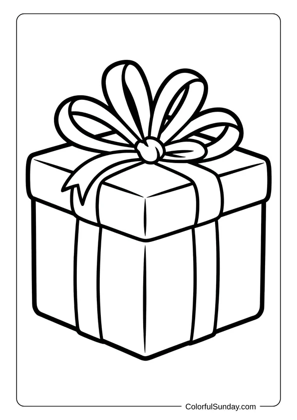 Ribbons flow from the top of a Christmas present, shown in a festive and simple coloring page.