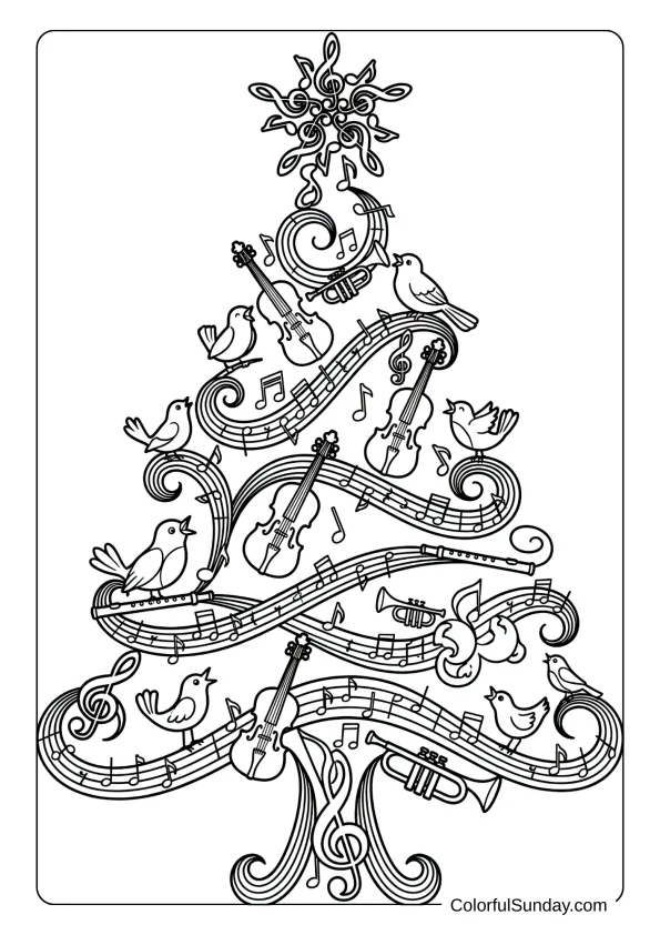 A Christmas tree made of musical notes, instruments, and caroling songbirds creating harmony coloring page