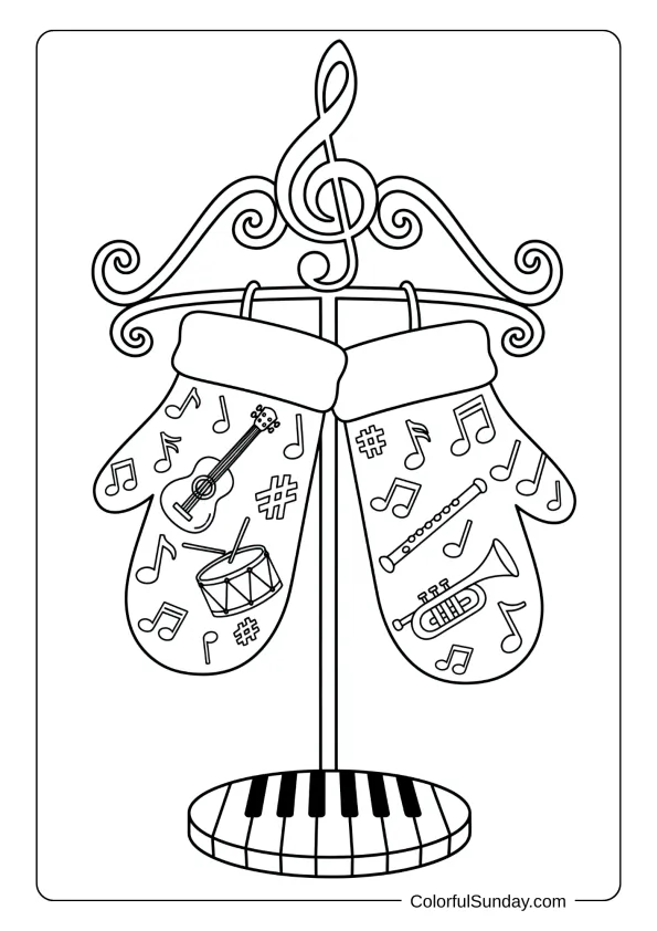 A coloring page of mittens with music notes and instruments hanging on a stand.