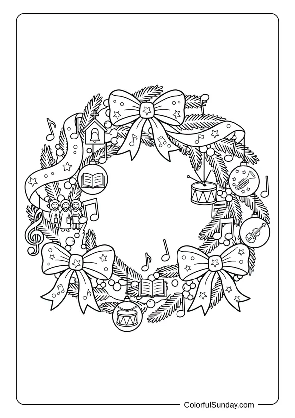 A Christmas wreath coloring page with musical notes and carol decorations for kids.