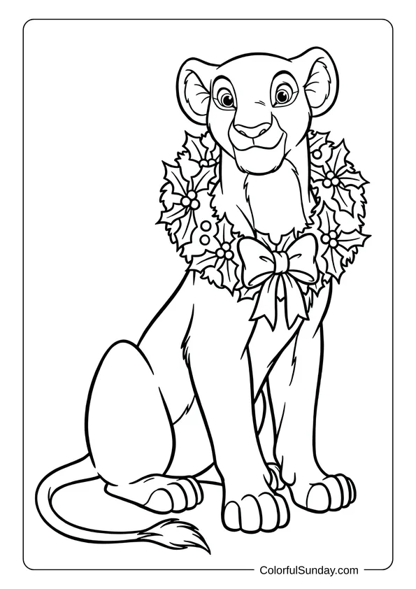 Nala wears a leafy holiday wreath during Disney Christmas in a Lion King coloring page