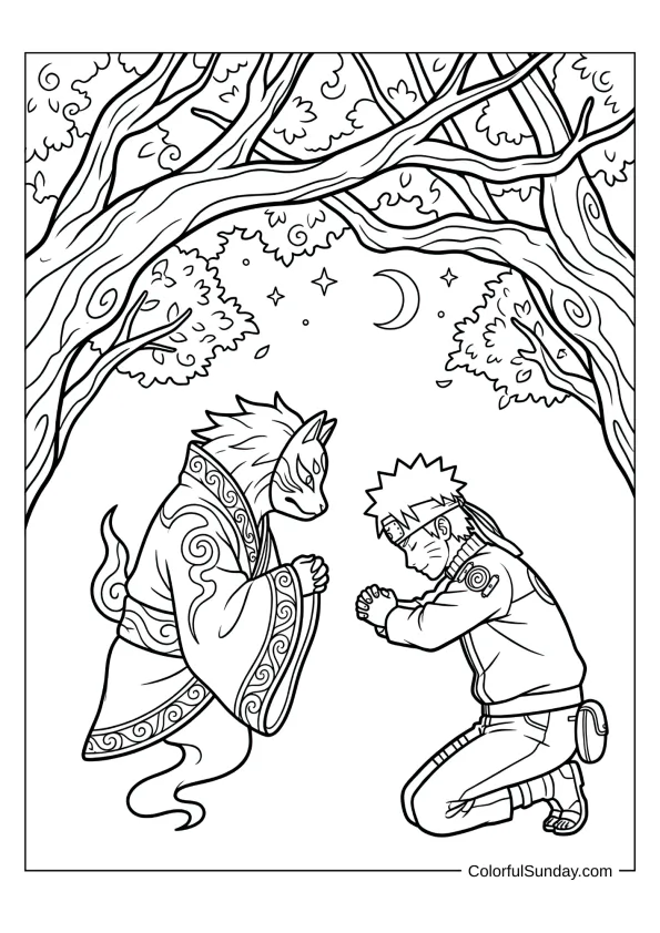 Naruto meeting forest guardian spirit in mystical coloring page.