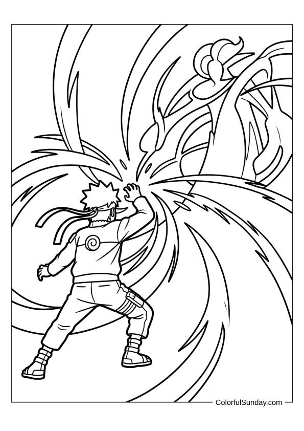 Naruto releasing fox chakra burst in fierce coloring page.