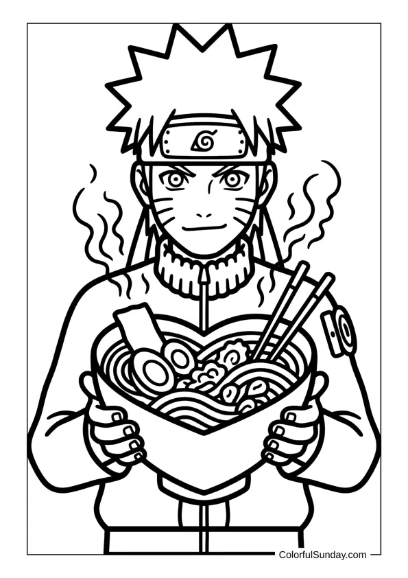 Naruto with heart ramen in a coloring page