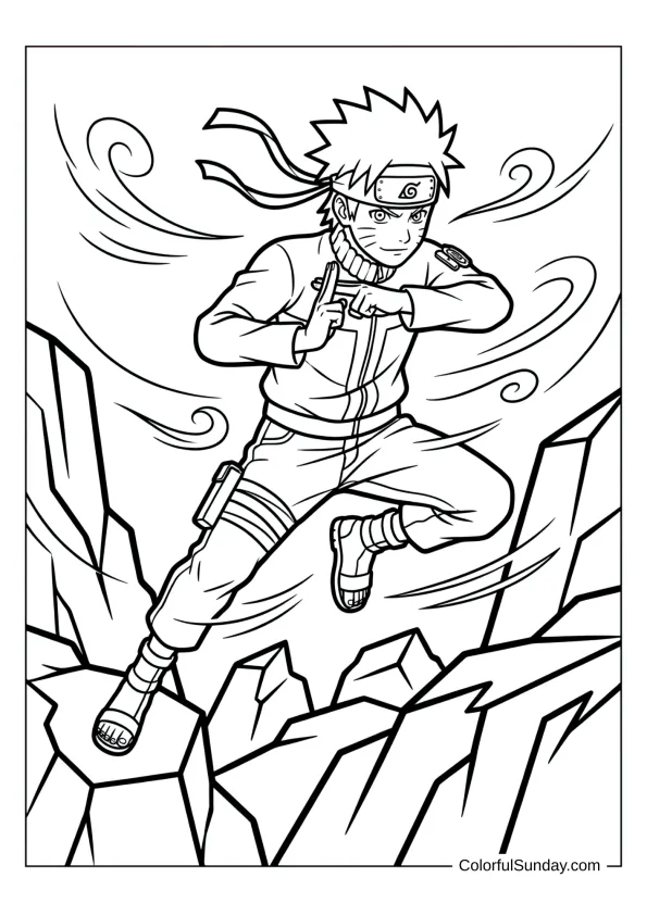 Naruto practicing jumps and hand signs in dynamic scene coloring page.