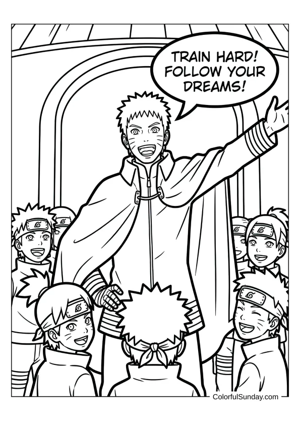 Naruto inspiring young students at academy in uplifting coloring page.