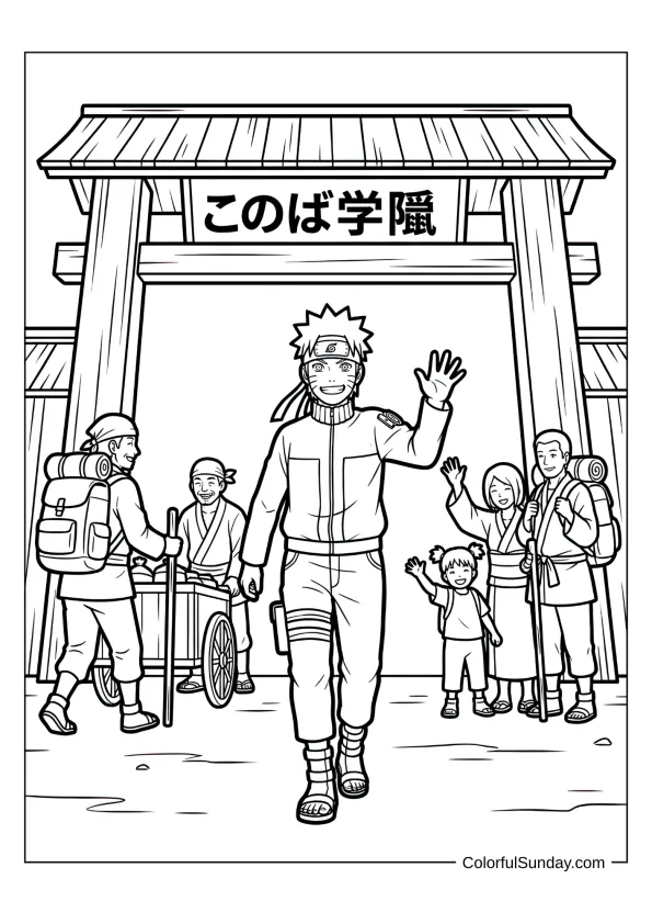 Naruto patrolling village gate in friendly coloring page.