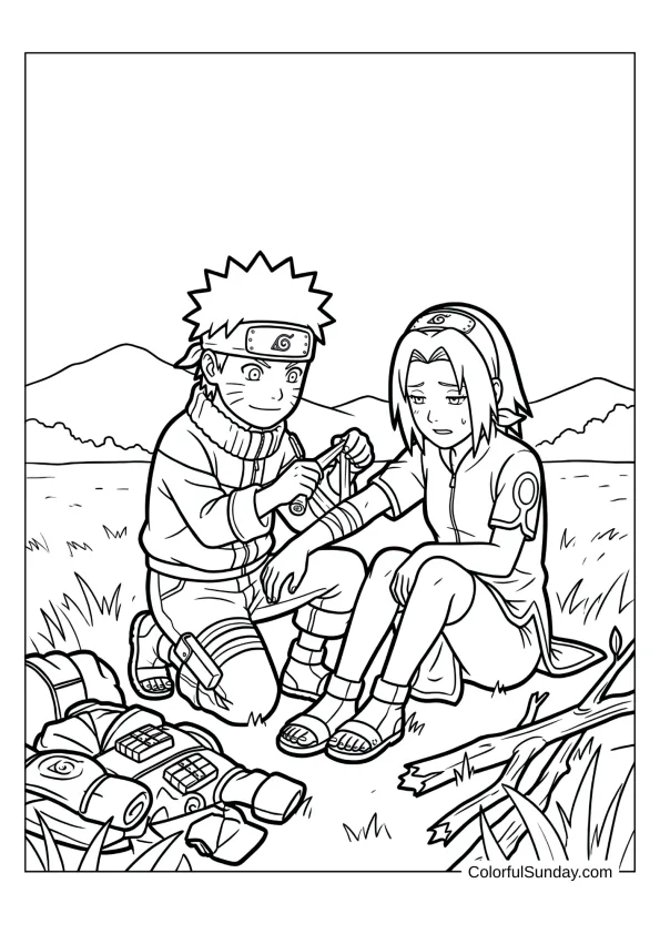 Naruto treating friend after fight in compassionate coloring page.