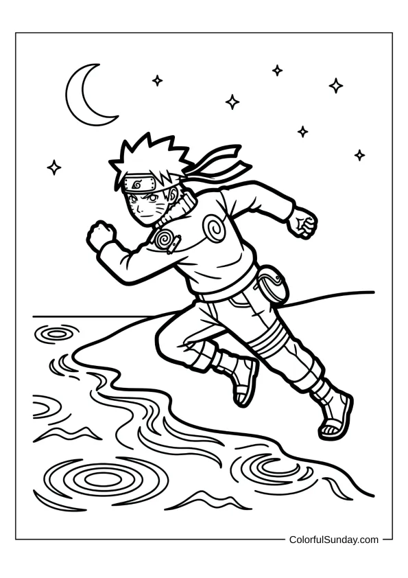 Naruto running by moonlit shore in energetic coloring page.